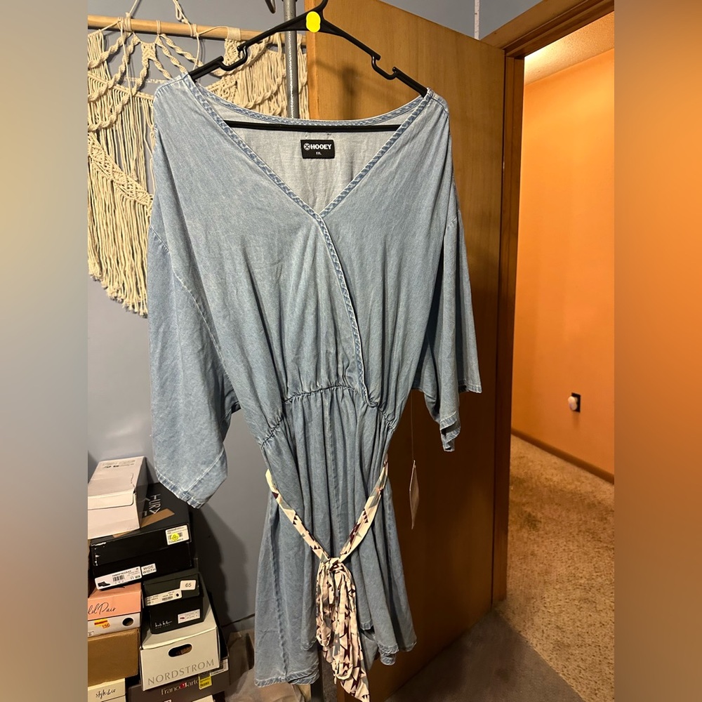 Hooey Light Blue Denim-Look V-Neck Cinched Waist Dress with Printed Tie